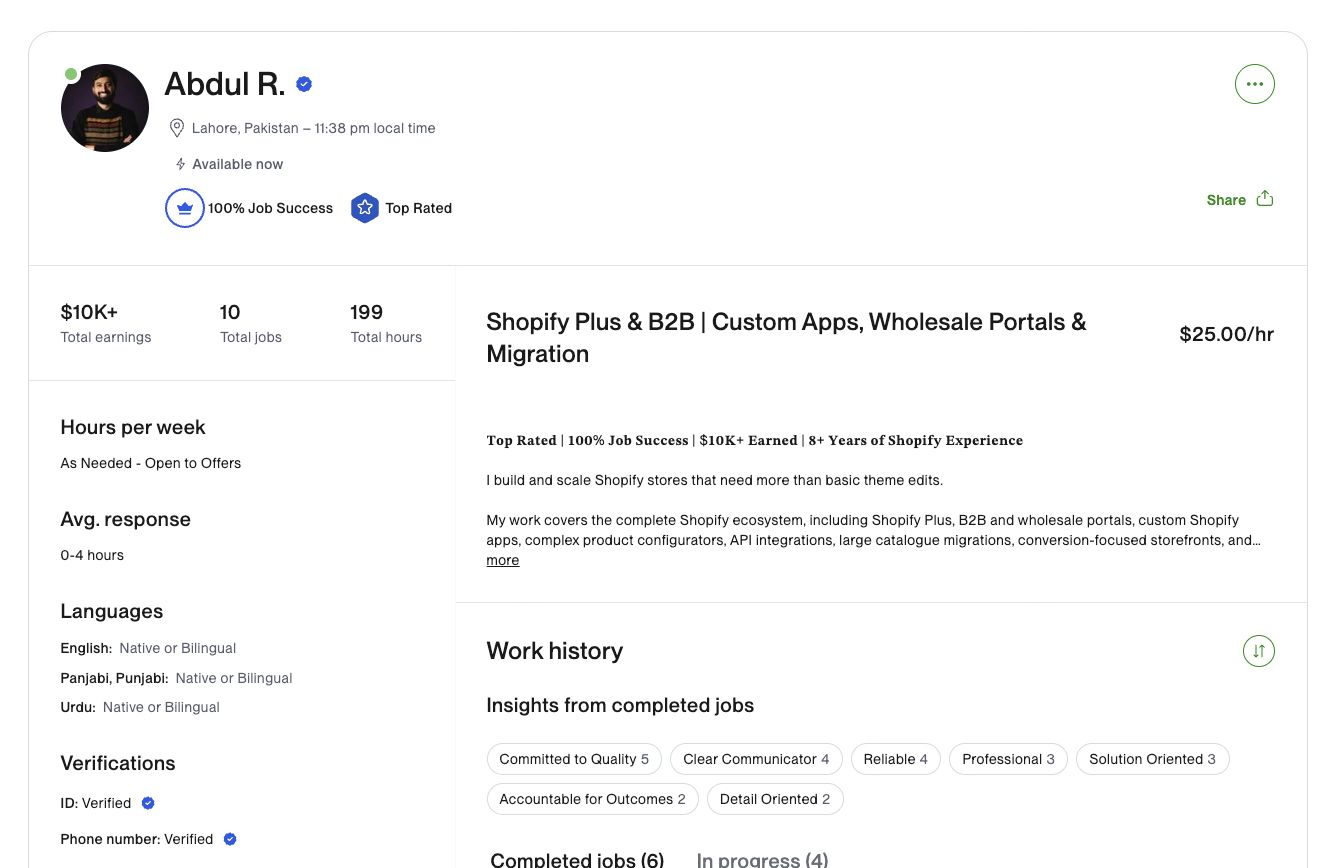 Abdul Razzaq — Upwork profile showing Top Rated status, 100% Job Success, $10K+ earned across verified Shopify projects